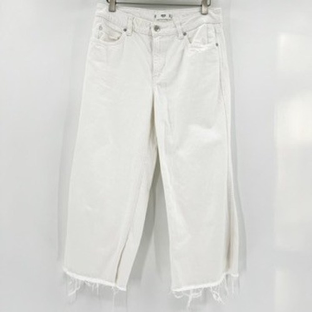 Mango MNG Denim Womens White Wide Leg Raw Hem Cropped Jeans Size 6 High Rise
